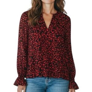 NWT ANN TAYLOR LOFT Black & Red Heart V-Neck Long Ruffle Sleeve Top Size Large
